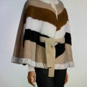 A.N.A. Flowing and Belted Poncho Striped Cape in Tan/Brown/Grey